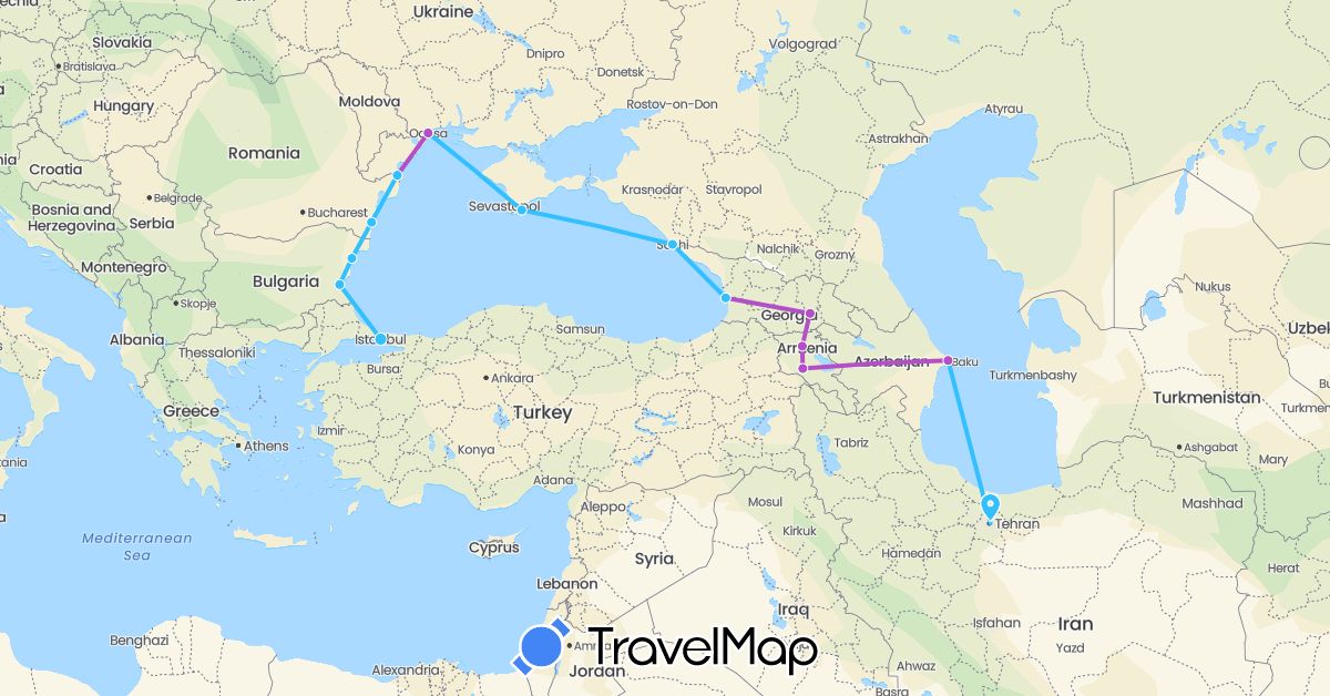 TravelMap itinerary: driving, train, boat in Armenia, Azerbaijan, Bulgaria, Georgia, Iran, Romania, Russia, Turkey, Ukraine (Asia, Europe)