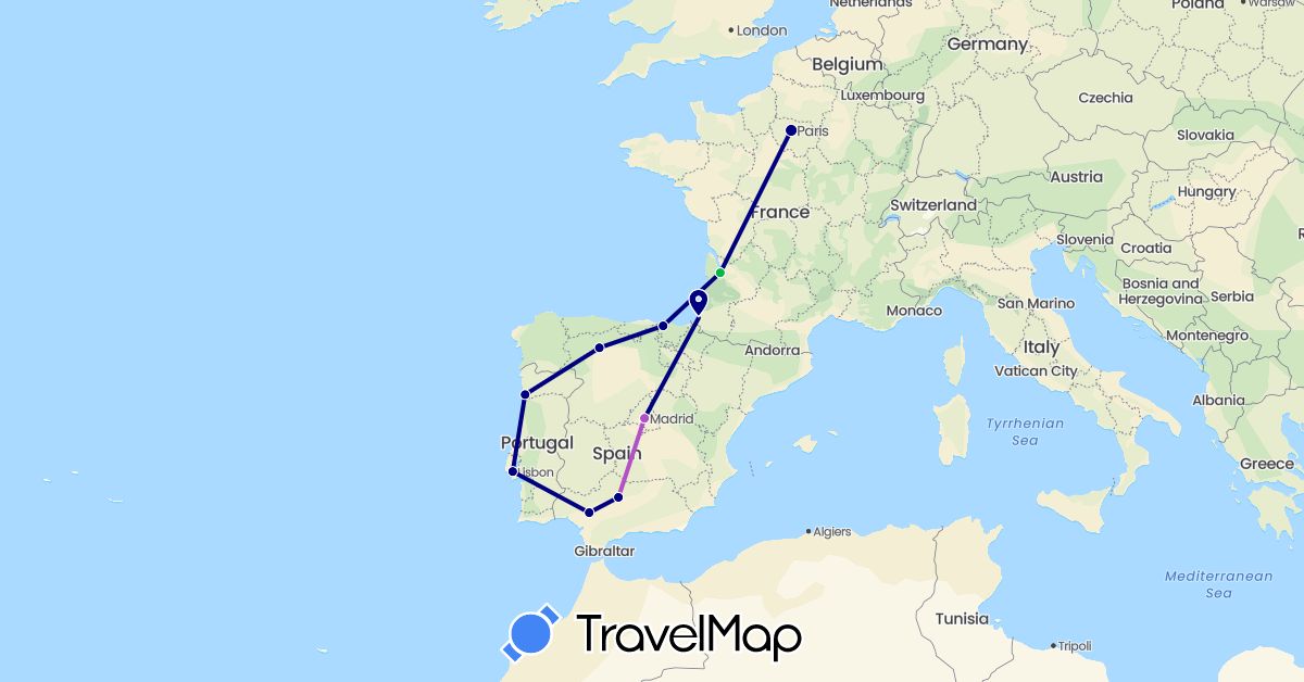 TravelMap itinerary: driving, bus, train in Spain, France (Europe)